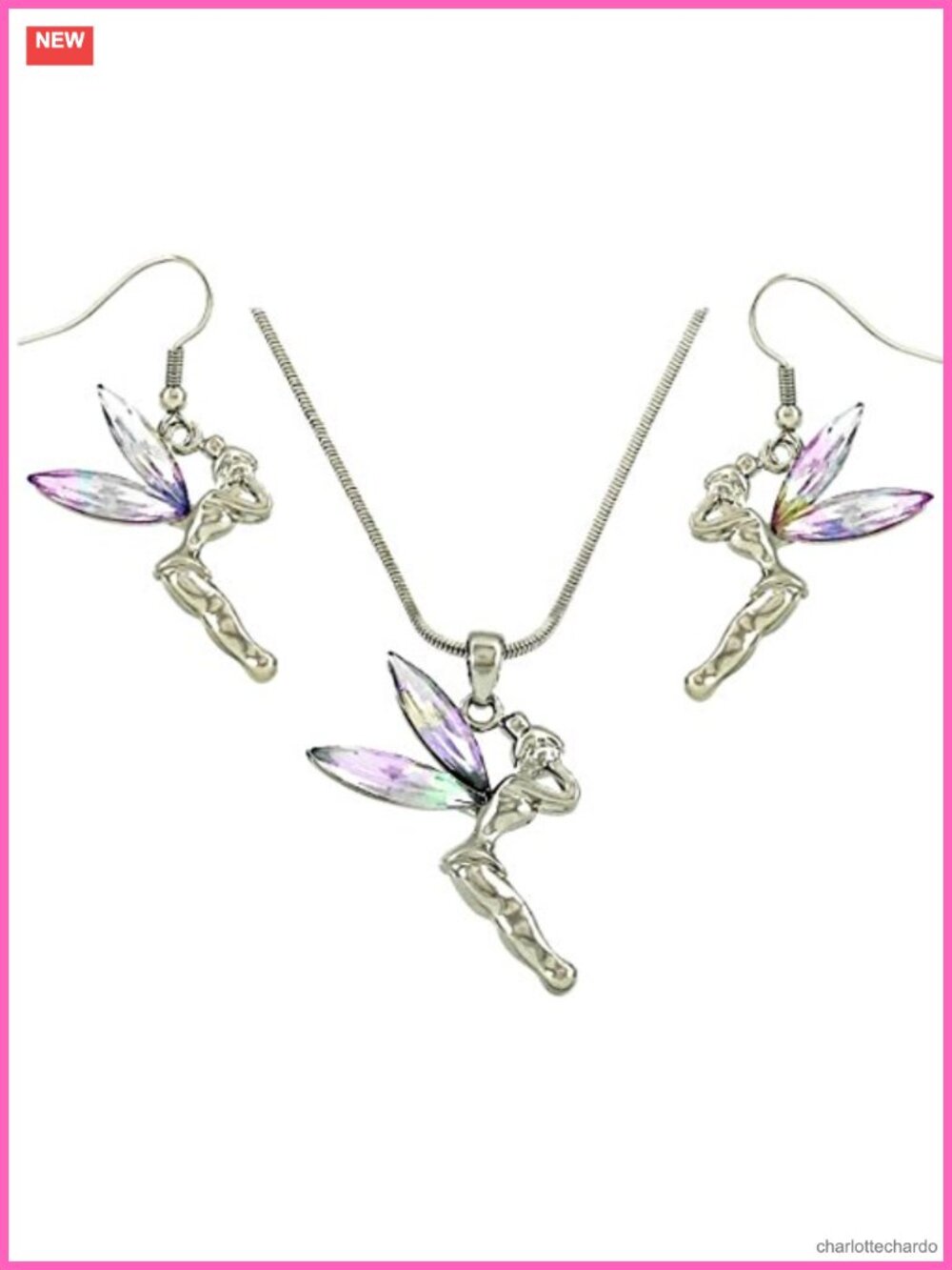 Fairy Pendant Necklace Earrings Set AB Crystal Wings Rhodium Plated Gift Boxed